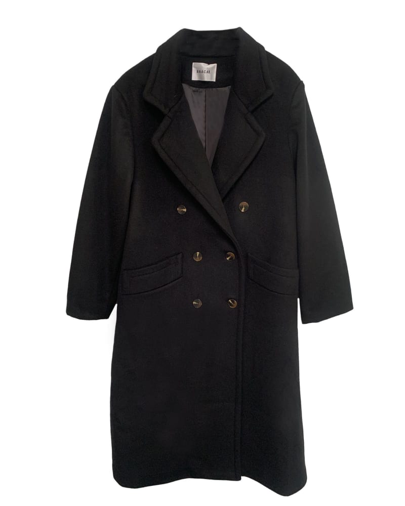 Front of a size 1 The Double Breasted Car Coat in Black in Black by BAACAL. | dia_product_style_image_id:315999